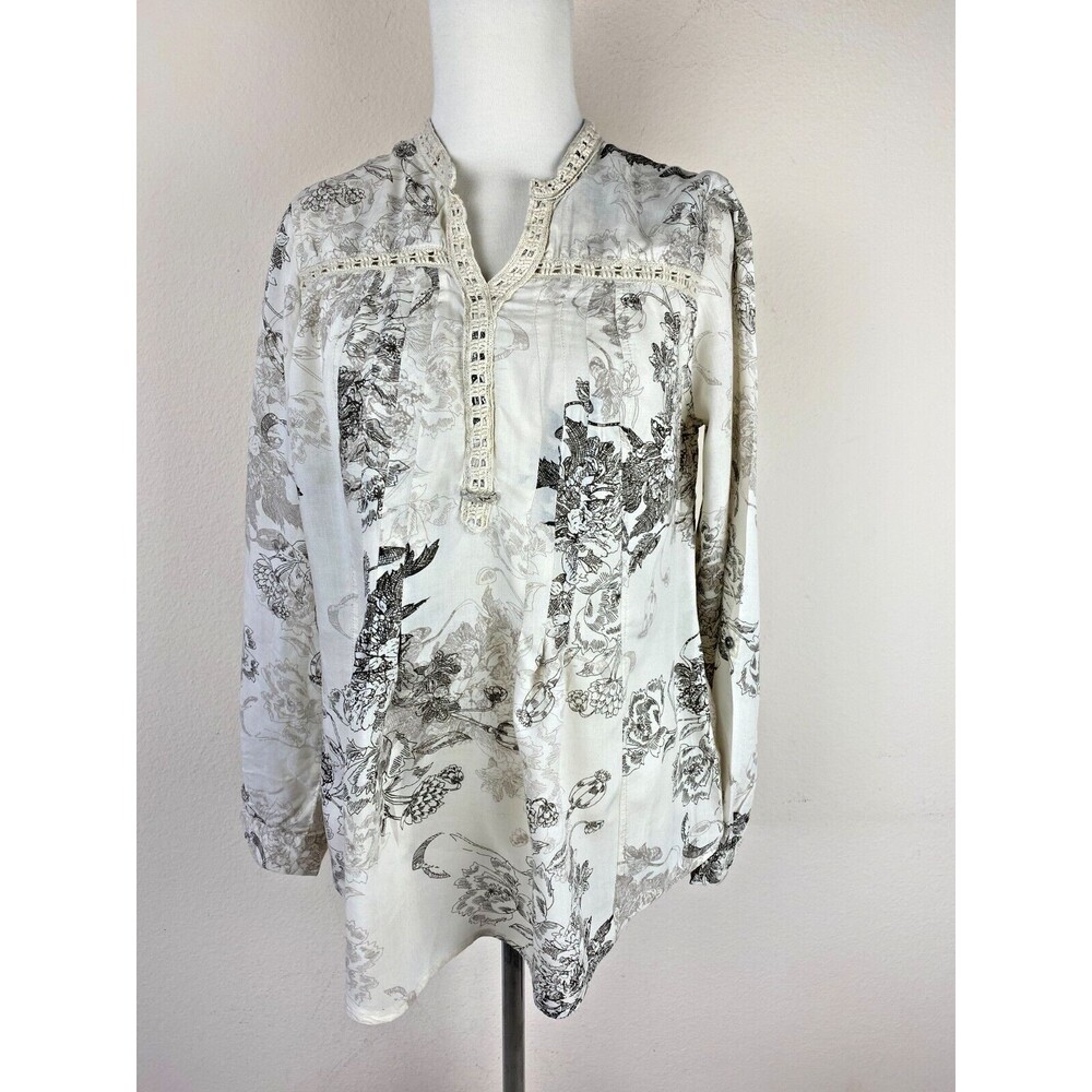 Vintage America Blues Floral Cottagecore Blouse Small Beige Embroidered Tunic
